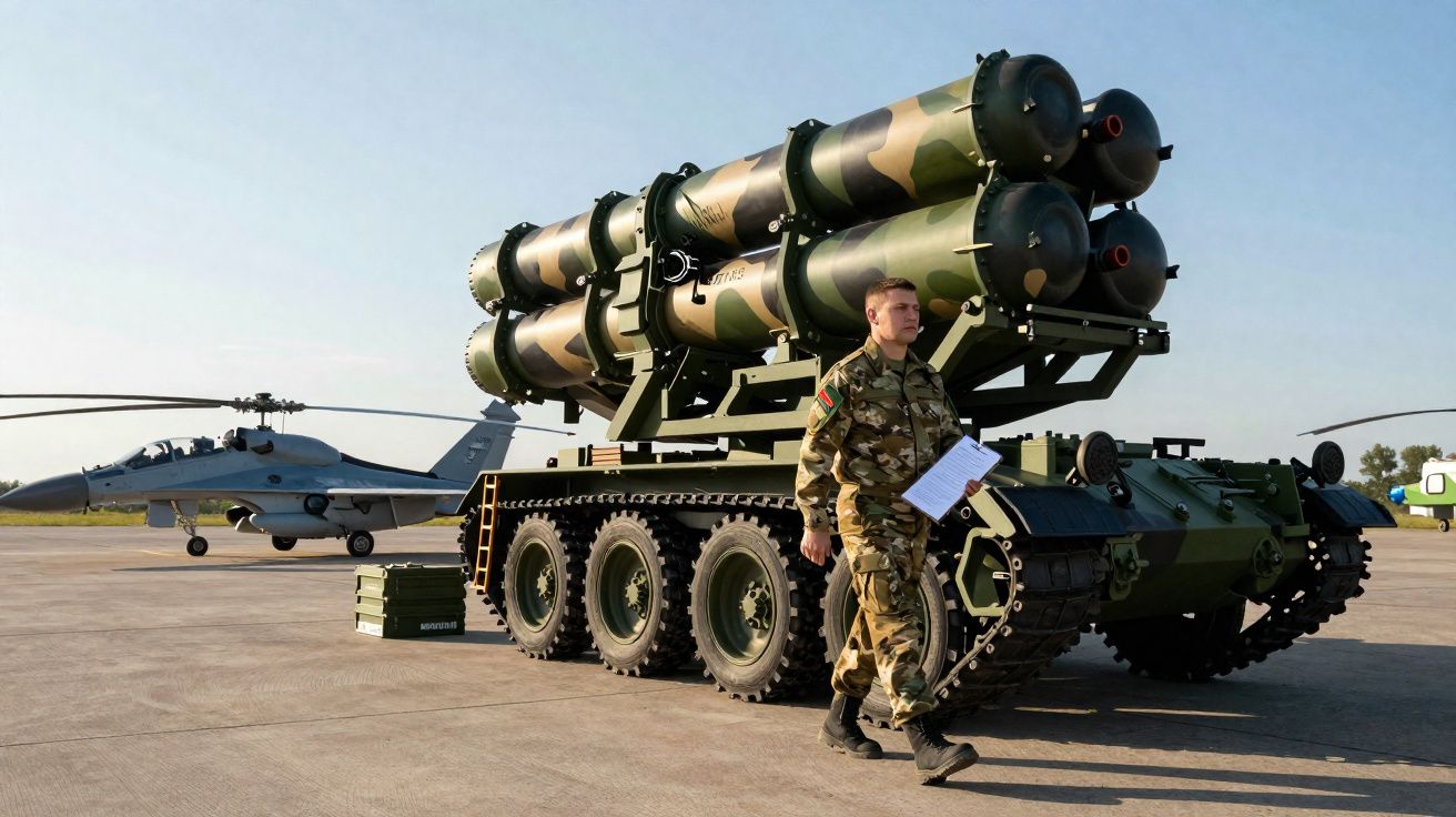 Soldado em uniforme camuflado ao lado de veículo militar com mísseis e helicóptero ao fundo em pista.