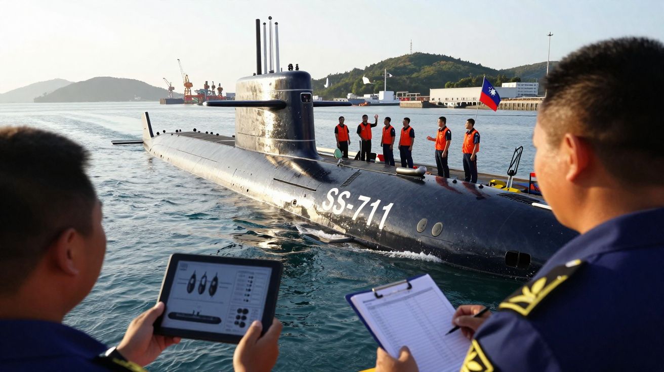Submarino SS-711 com tripulantes usando coletes laranja em porto, enquanto dois homens observam e anotam dados.