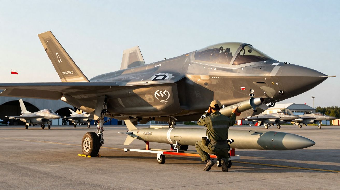 Caça F-35 cinza estacionado em pista com técnico em uniforme verde agachado ao lado, ajustando equipamento.
