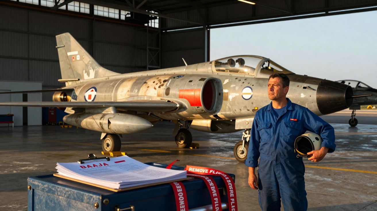 Homem de macacão azul segurando capacete ao lado de jato militar cinza em hangar.