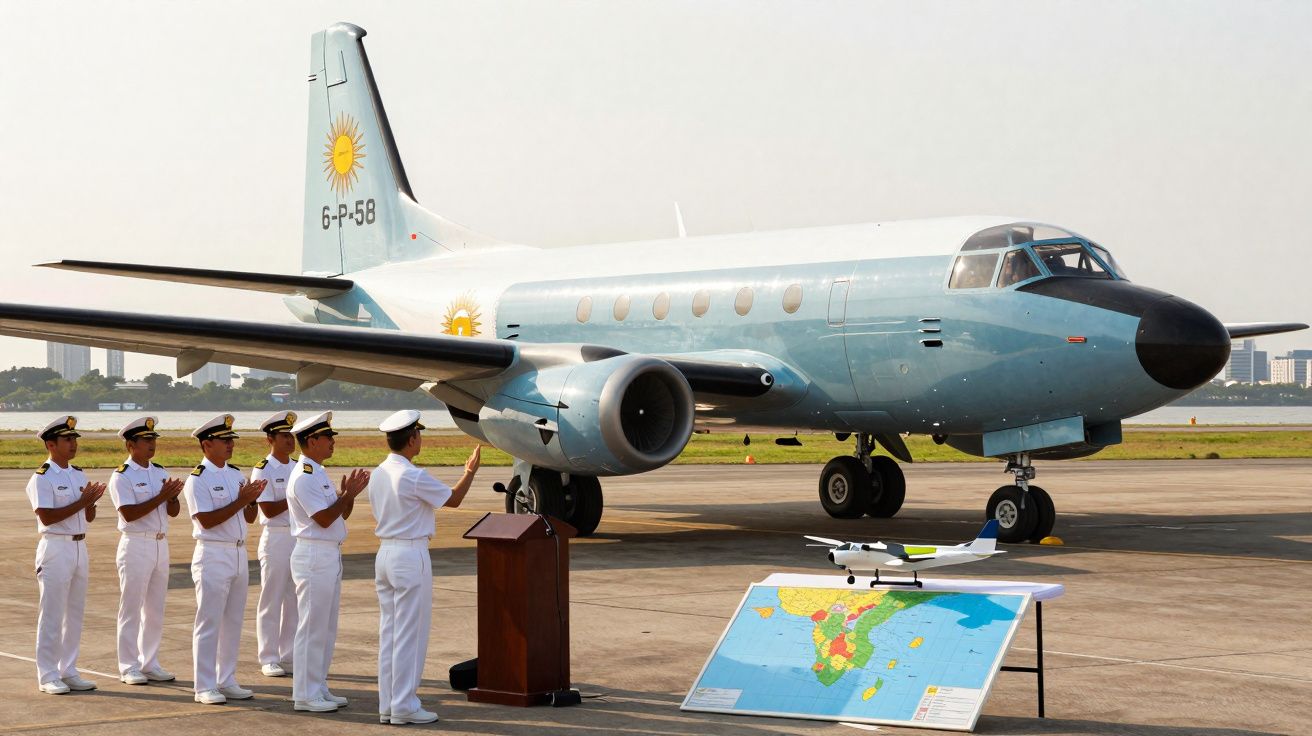 Militares da Marinha em uniforme branco aplaudem frente a um avião militar estacionado no hangar.
