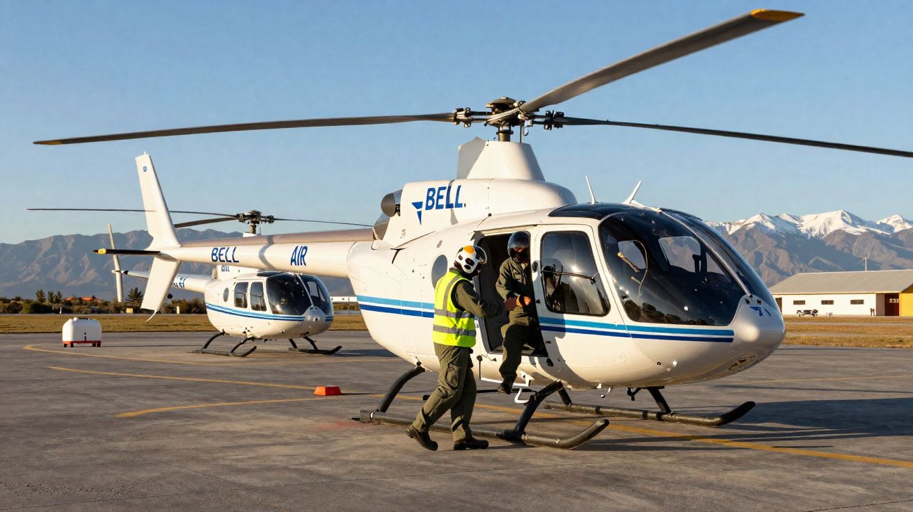 Helicópteros brancos estacionados em heliponto com montanhas ao fundo e pessoas com equipamentos de segurança.