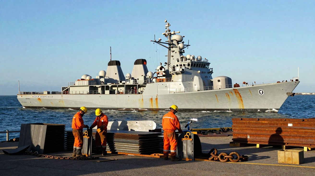 Três homens com uniformes laranja e capacetes trabalham em um cais com um navio de guerra cinza ao fundo.