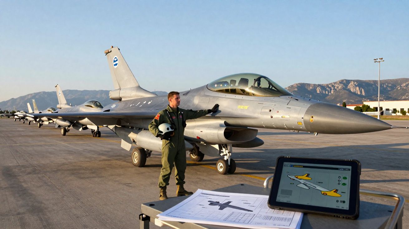 Piloto em uniforme verde encostado em caças militares alinhados em pista, com tablet e plantas de manutenção à frente.