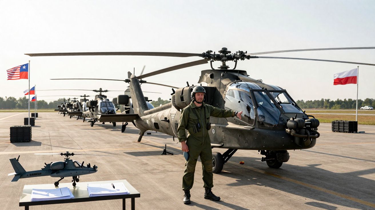 Homem com uniforme militar em frente a helicóptero de ataque alinhados em pista com bandeiras ao fundo.