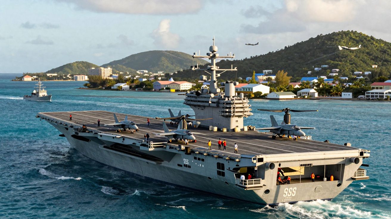 Porta-aviões militar navegando perto da costa com aeronaves no convés e montanhas ao fundo.