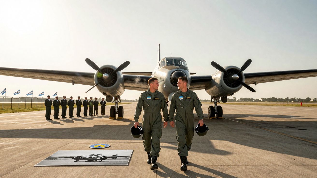 Dois pilotos militares caminhando em frente a um avião de caça estacionado em pista de aeródromo.