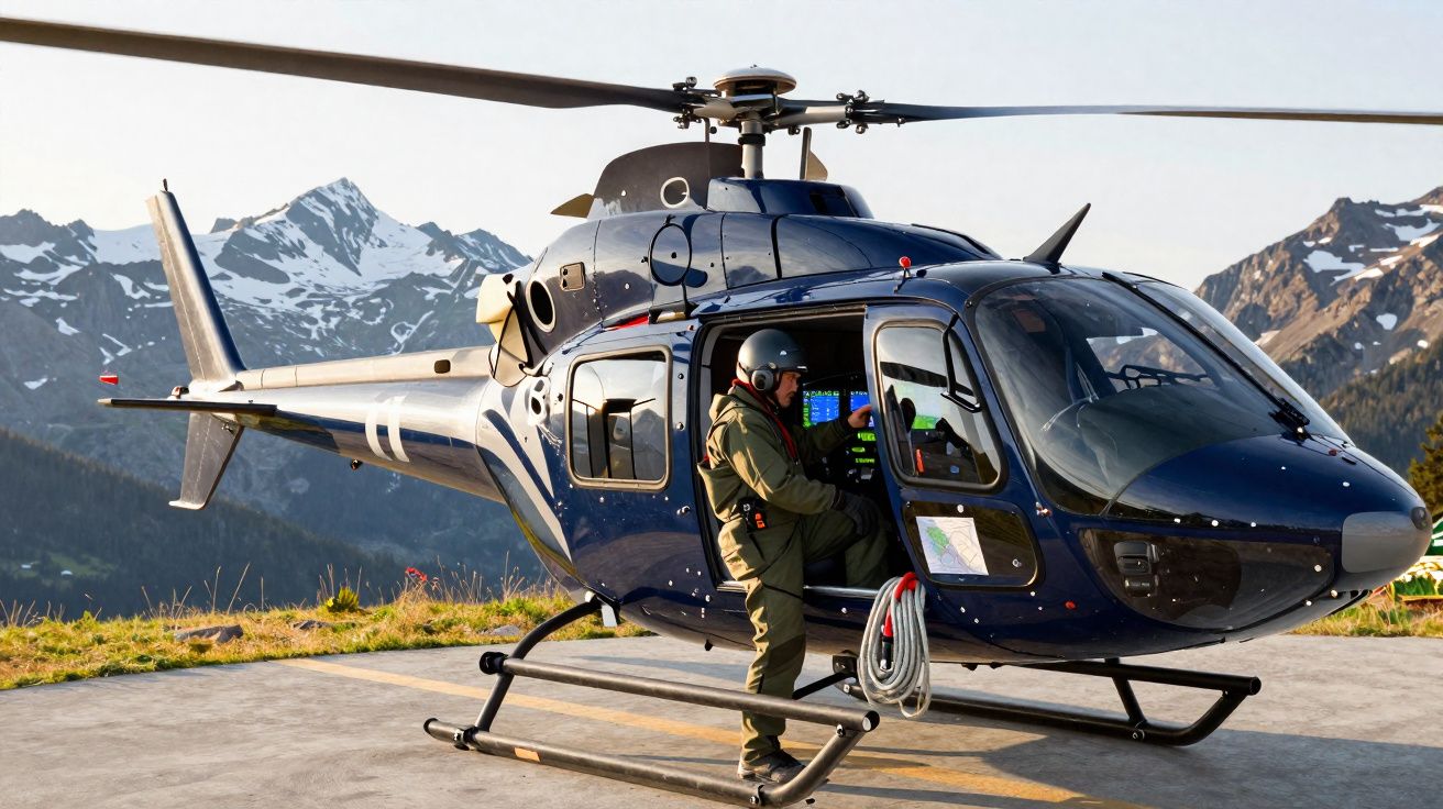 Helicóptero azul estacionado em heliponto com homem em uniforme e corda, montanhas e céu claro ao fundo.