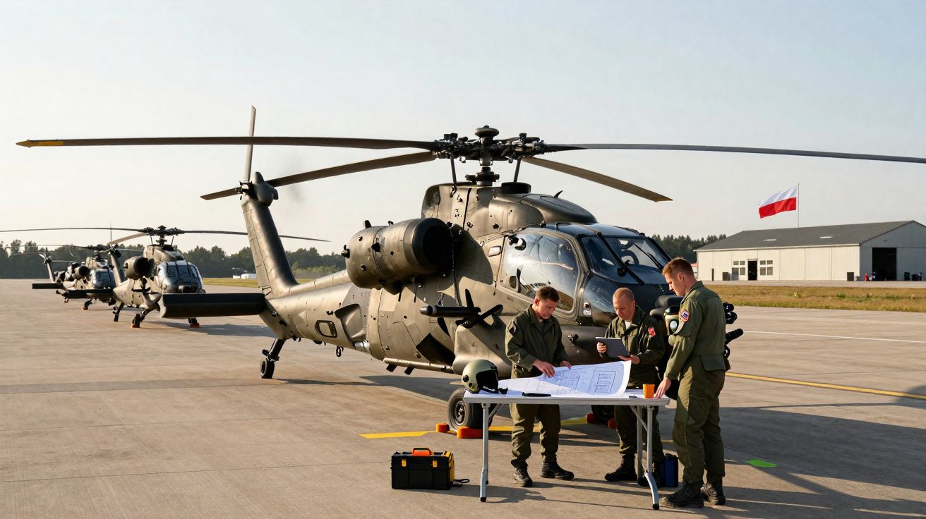 Três militares analisam mapas em mesa próxima a helicópteros de ataque estacionados em pista de aeroporto.