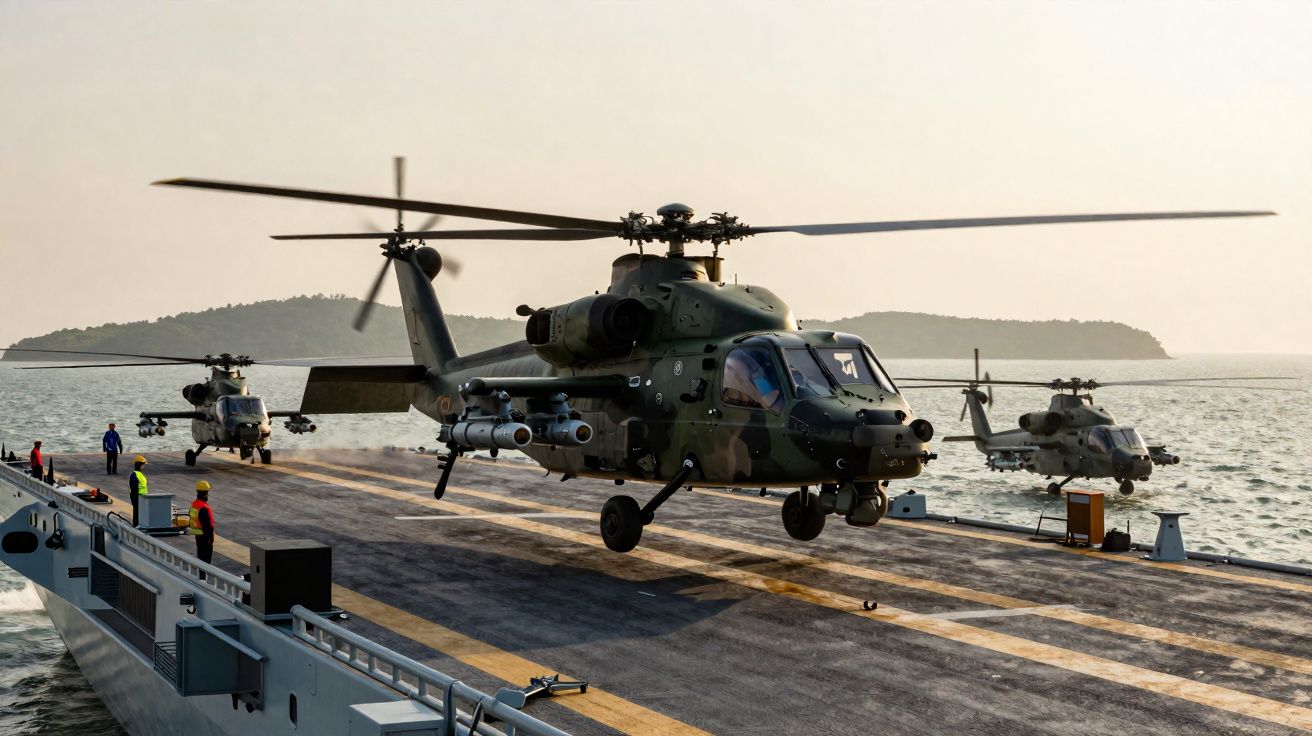 Helicópteros militares decolando do convés de um navio no mar ao pôr do sol.