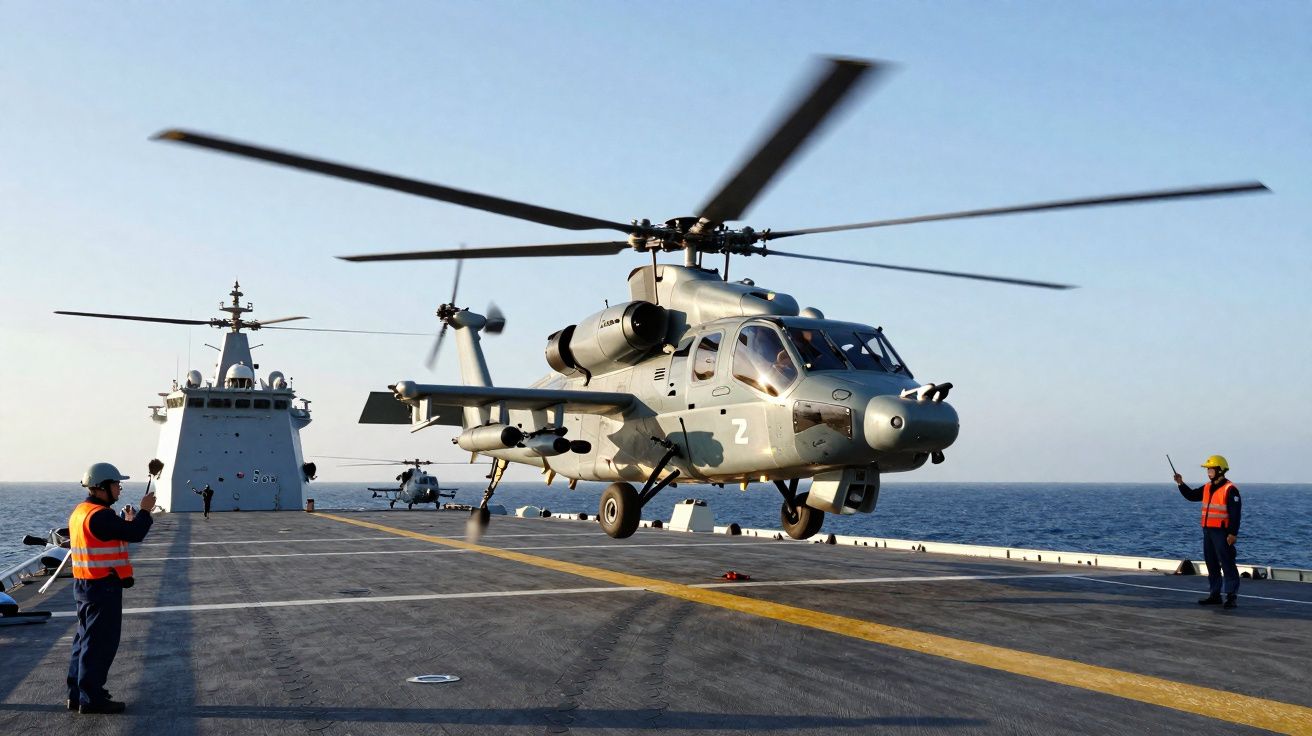 Helicóptero militar cinza decolando da plataforma de um navio de guerra no mar com tripulantes orientando.