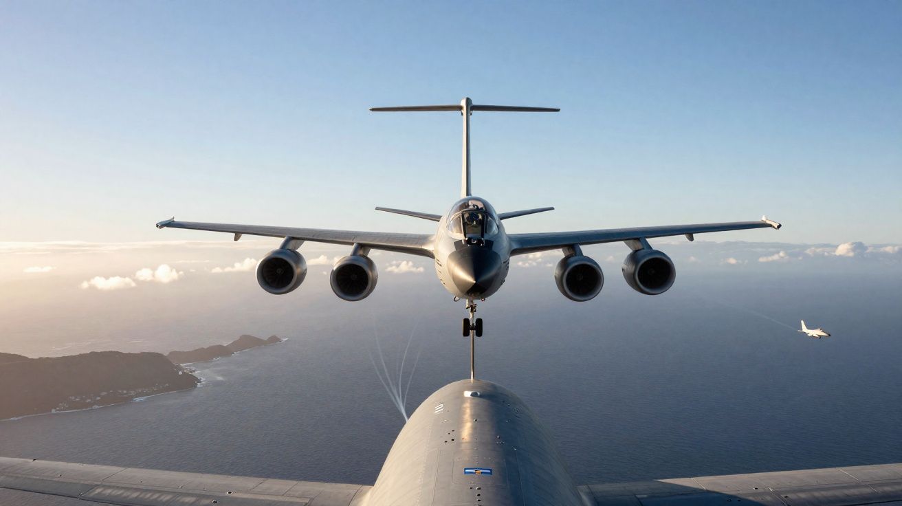 Avião militar reabastecendo outro em voo sobre o oceano próximo à costa montanhosa ao pôr do sol.
