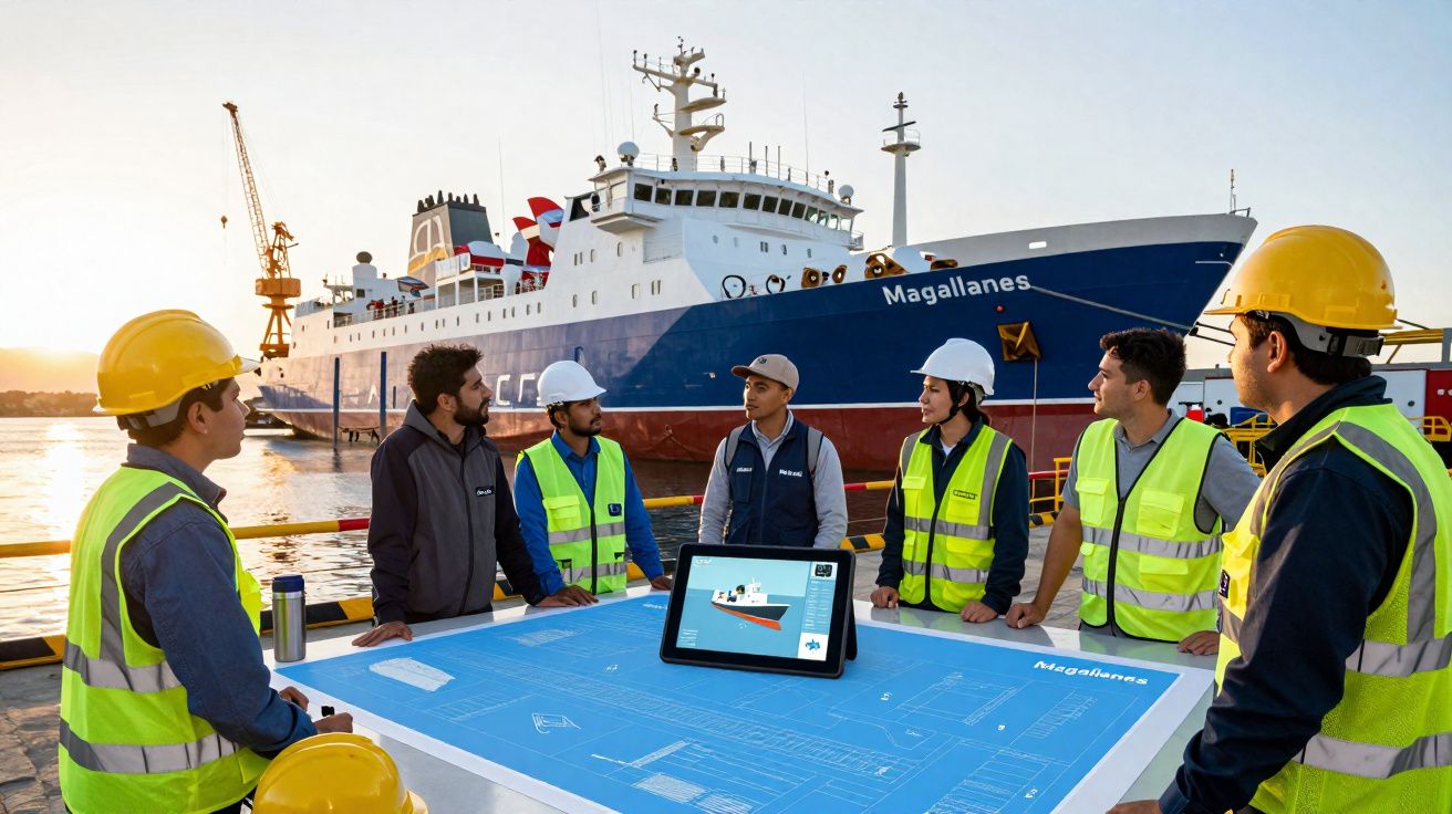 Equipe de trabalhadores com capacetes reunida em torno de mesa com planta na doca, navio Magallanes ao fundo.