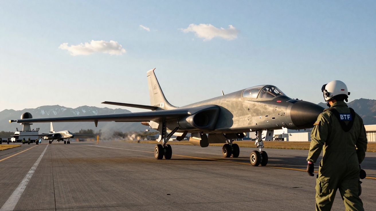 Aviões militares na pista de decolagem com piloto em uniforme e capacete, ao entardecer.