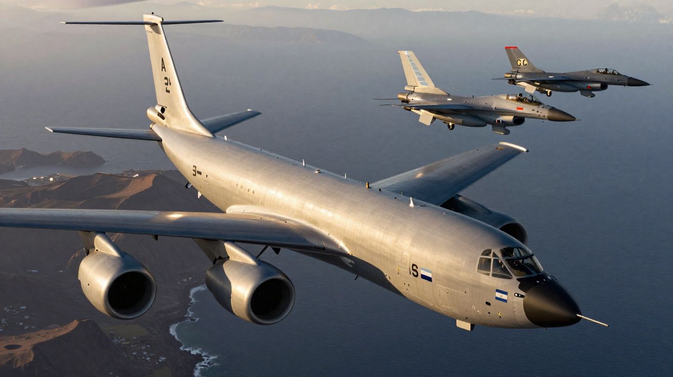 Formação aérea com avião militar de grande porte acompanhada por dois caças voando sobre o mar e ilhas.