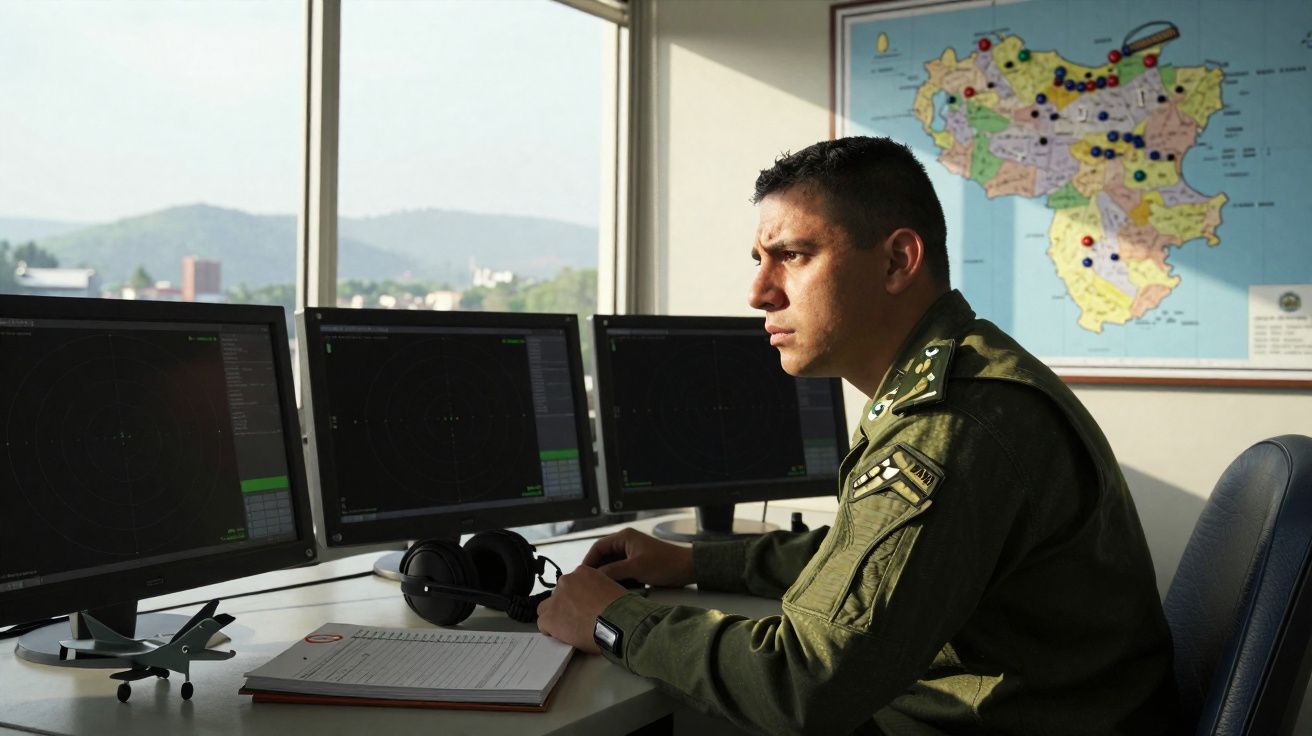 Homem fardado observa três monitores em sala com mapa e vista para montanhas ao fundo.