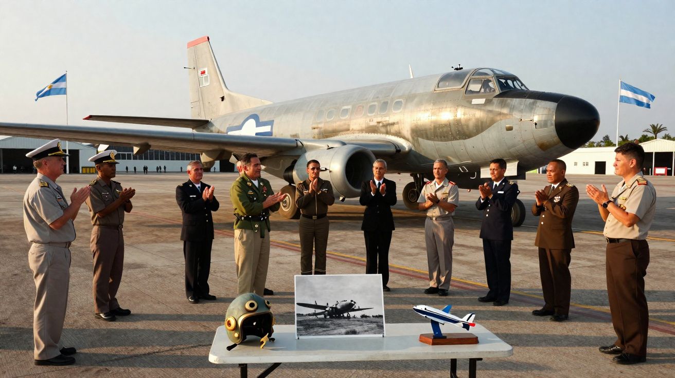 Militares em fila aplaudindo em cerimônia diante de avião histórico estacionado em pista de aeroporto.
