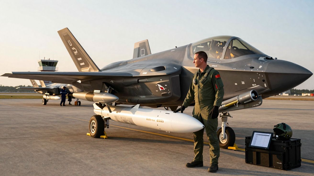 Piloto em uniforme verde ao lado de caça moderno estacionado em pista de aeroporto ao entardecer.