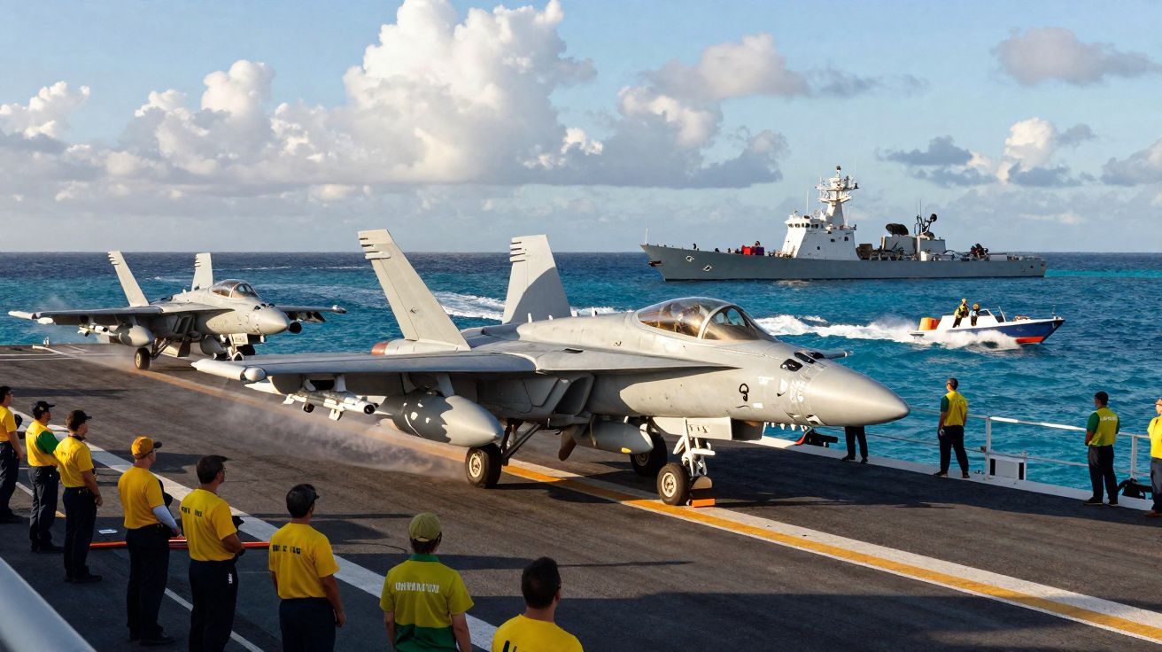Caças em convés de porta-aviões com equipe de apoio e navios ao fundo no mar azul.