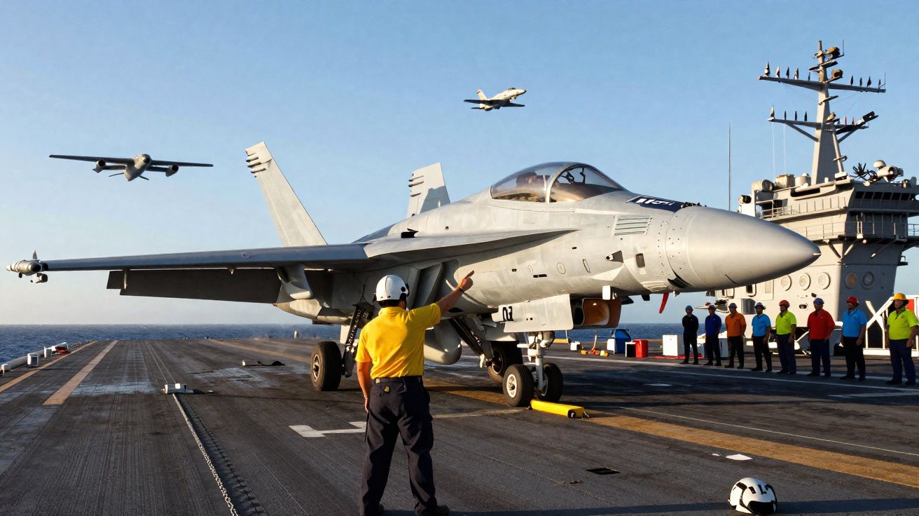 Caça F/A-18 decolando de porta-aviões com equipe naval observando e orientando no convés ao entardecer.