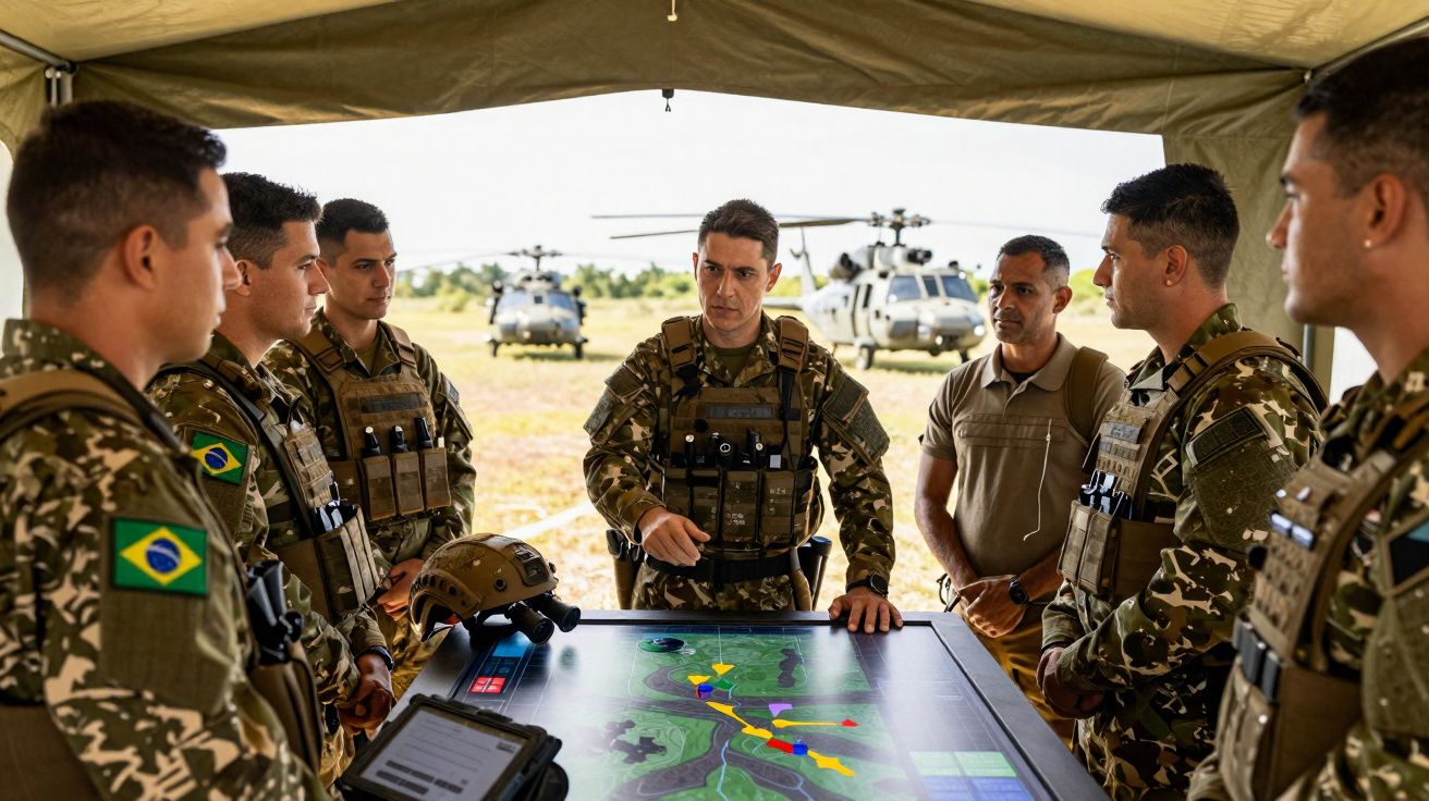 Militares brasileiros em discussão tática ao redor de uma mesa digital em campo aberto com helicópteros ao fundo.