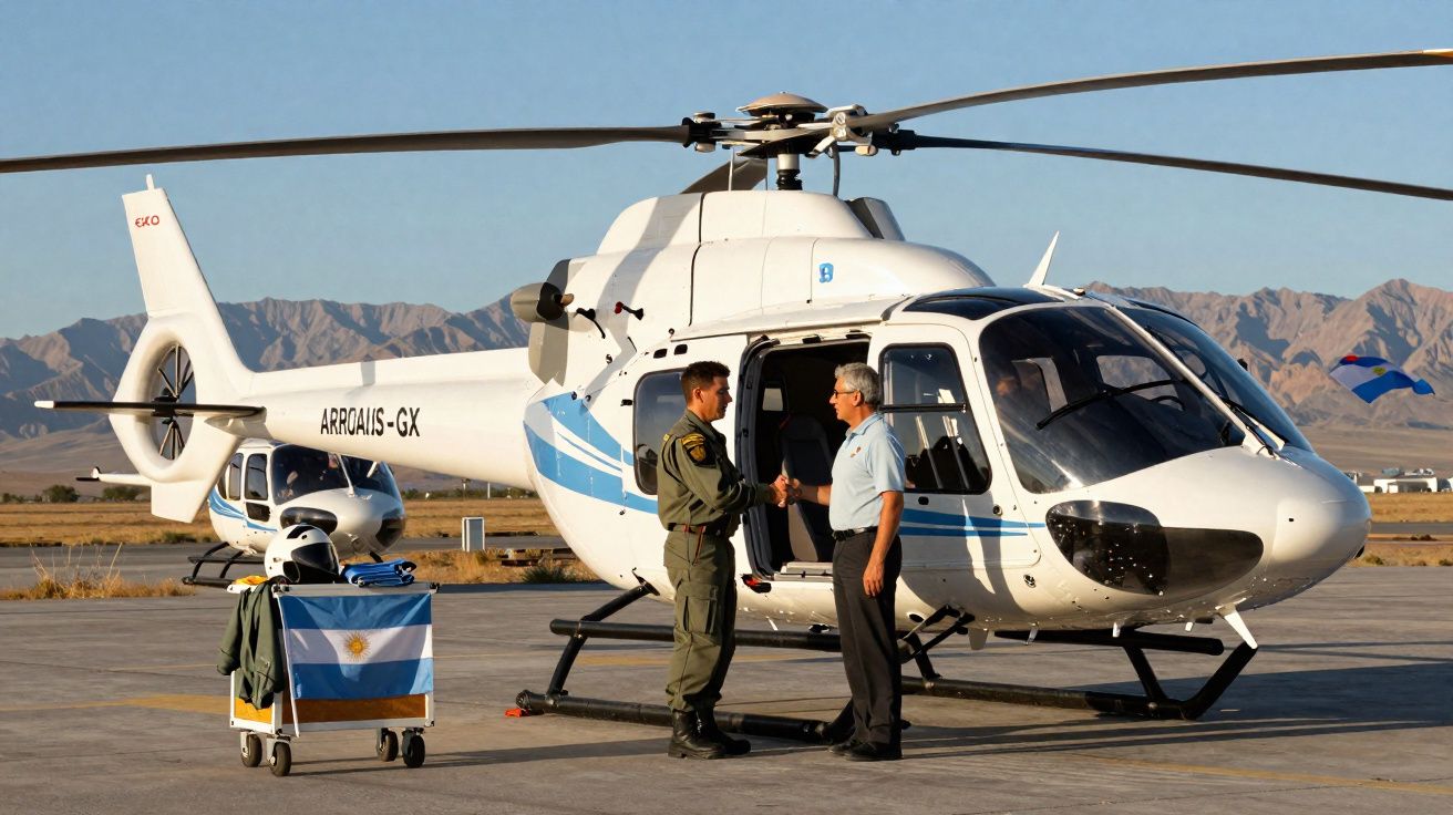 Helicóptero branco estacionado em pista com duas pessoas apertando as mãos ao lado.