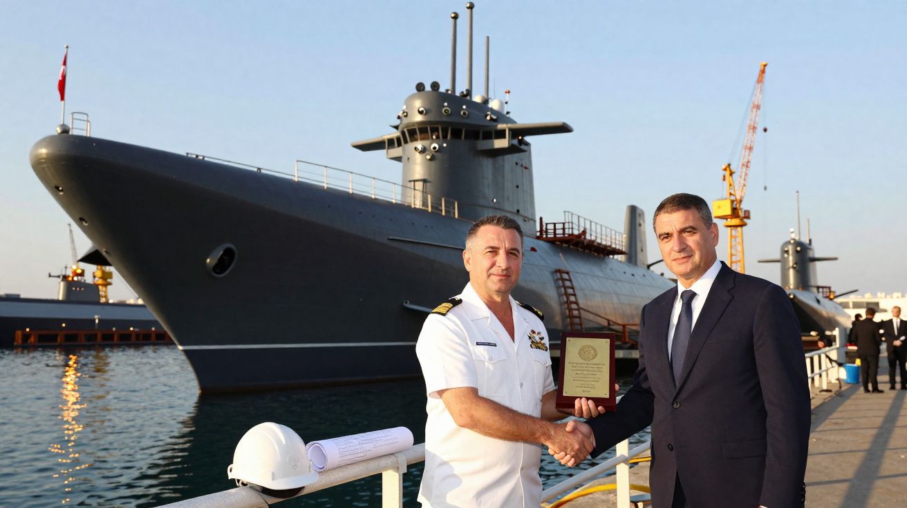 Dois homens se cumprimentam na frente de um submarino no cais, um deles veste uniforme naval branco.