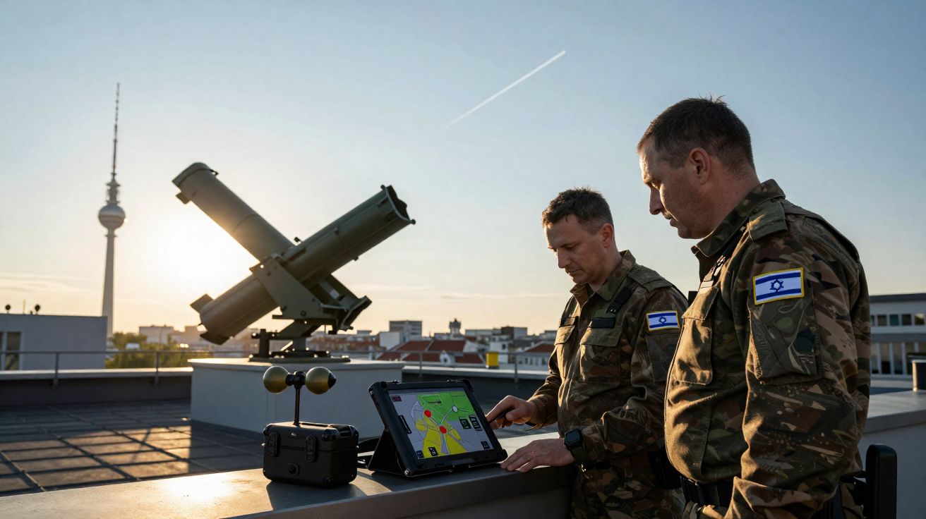 Dois soldados com uniformes israelenses operam equipamentos militares em um telhado ao pôr do sol.