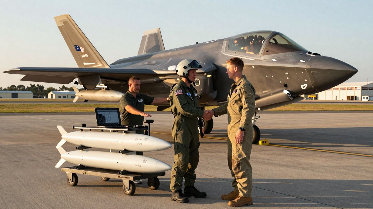 Dois pilotos militares apertam as mãos próximo a caça F-35 enquanto outro homem verifica equipamentos militares no solo.