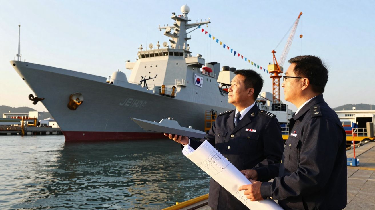 Dois oficiais militares coreanos inspecionam modelo de navio à beira-mar com navio de guerra ao fundo.