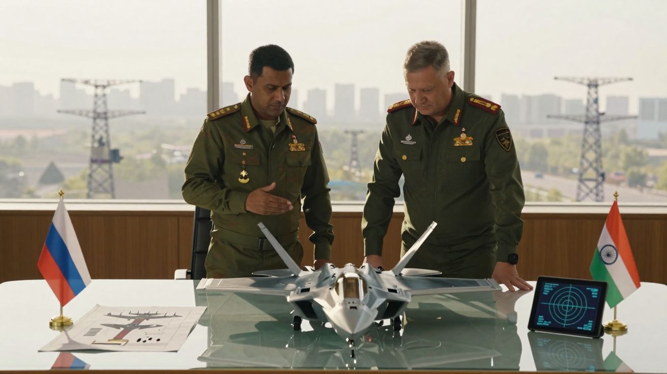 Dois militares em uniformes verdes analisam modelo de avião de caça em mesa com bandeiras da Rússia e Índia.