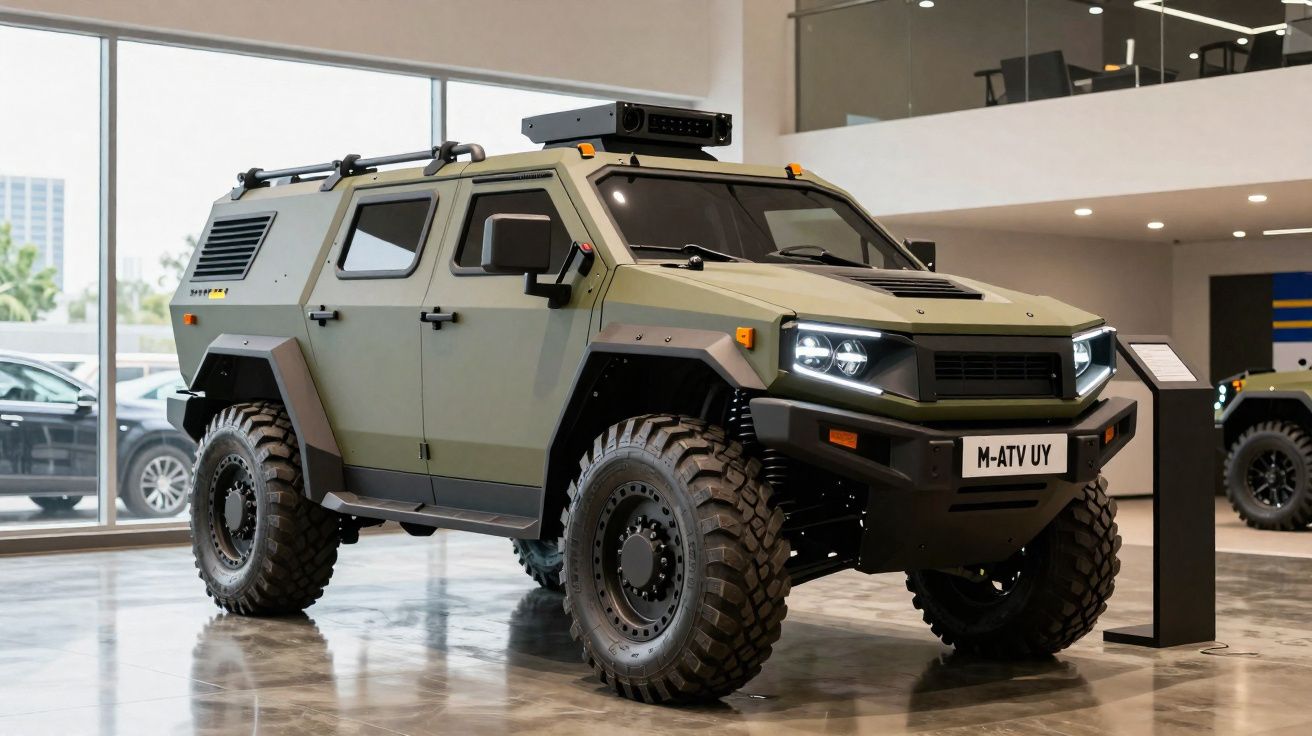 Veículo militar blindado verde com pneus robustos exposto em ambiente interno moderno.