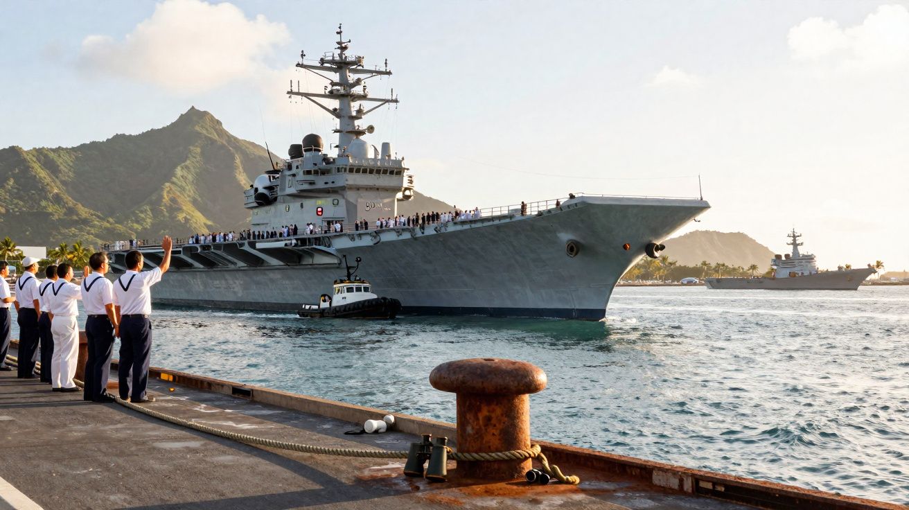 Marinheiros acenam para grande navio de guerra cinza próximo a um cais com montanhas ao fundo.