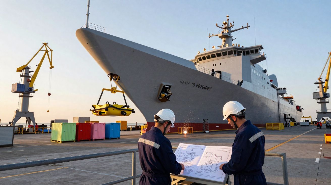 Dois trabalhadores com capacetes revisam plantas em doca com grande navio militar e guindastes ao fundo.