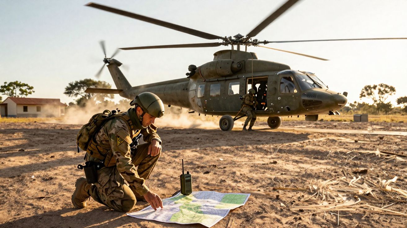 Soldado militar ajoelhado no solo consulta mapa com helicóptero militar estacionado ao fundo em terreno seco.