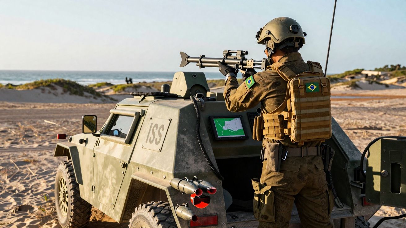 Soldado brasileiro armado em veículo militar off-road em área de dunas e mar ao fundo.