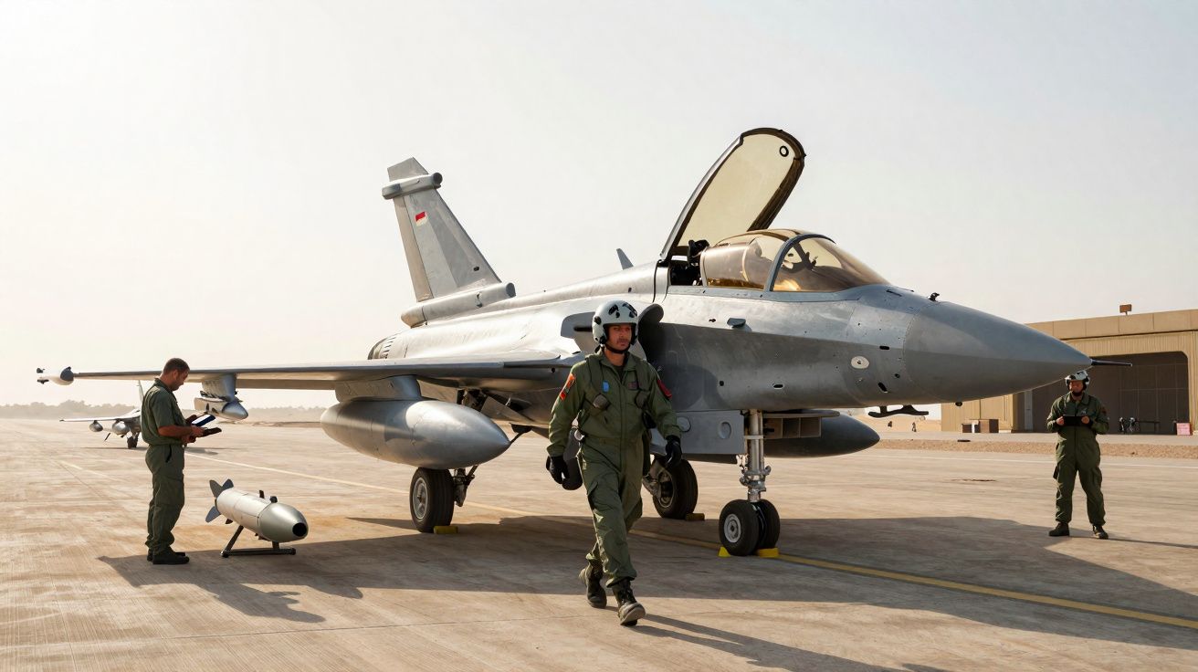 Caça militar estacionado com pilotos em uniforme e capacete na pista de decolagem em dia claro.