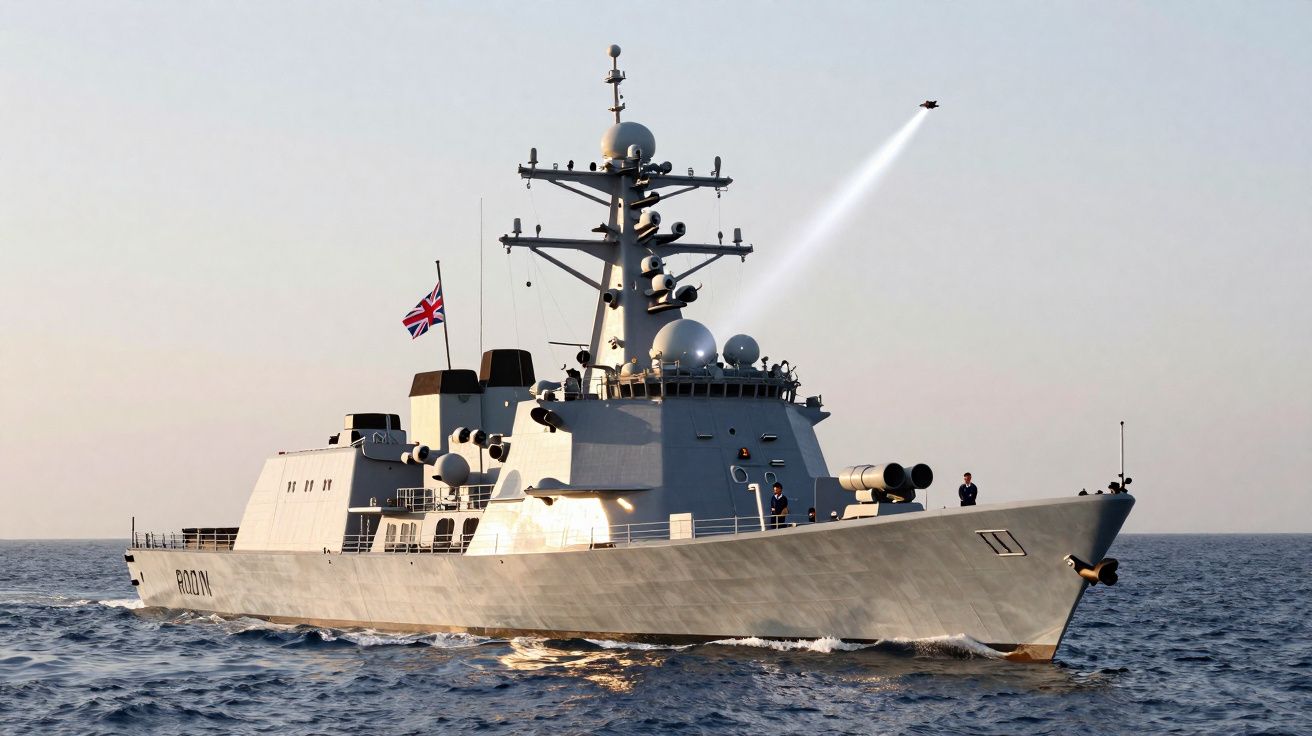 Navio de guerra britânico navegando no mar ao entardecer com avião militar voando ao fundo.