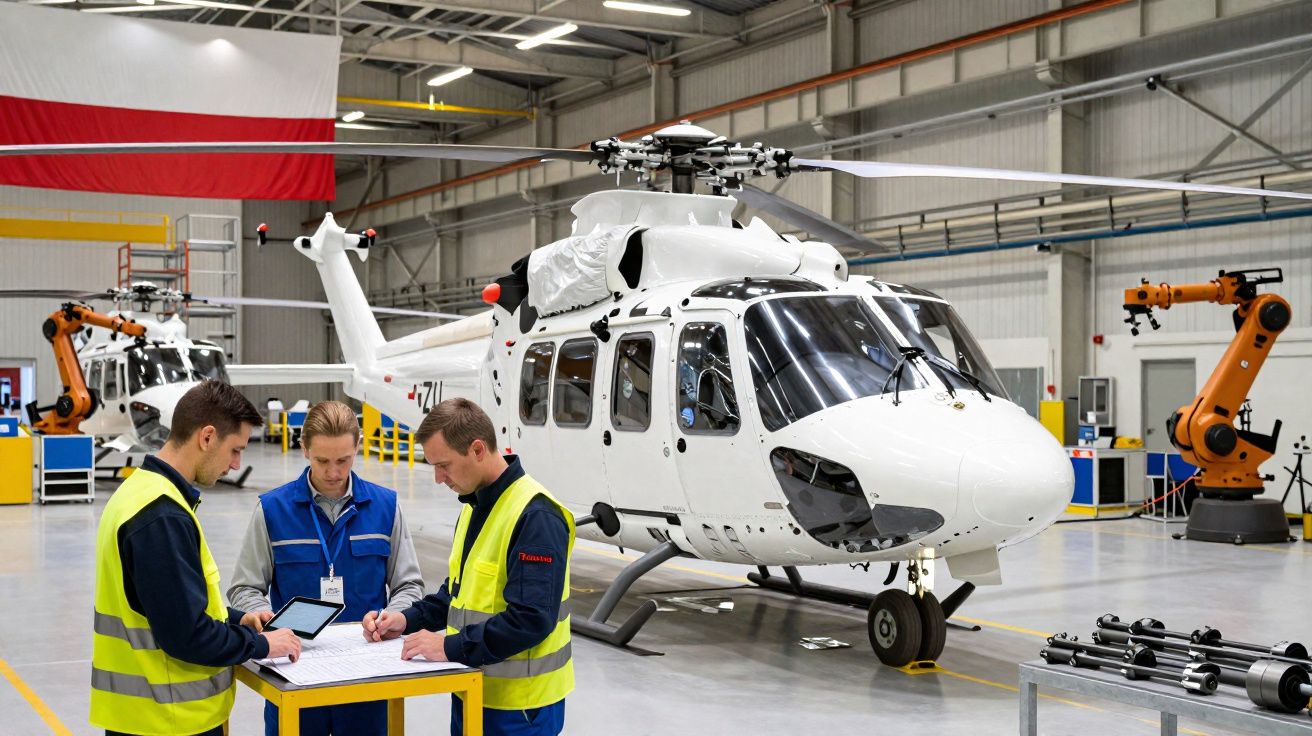 Três trabalhadores com coletes discutem documentos próximo a helicópteros brancos em hangar industrial.