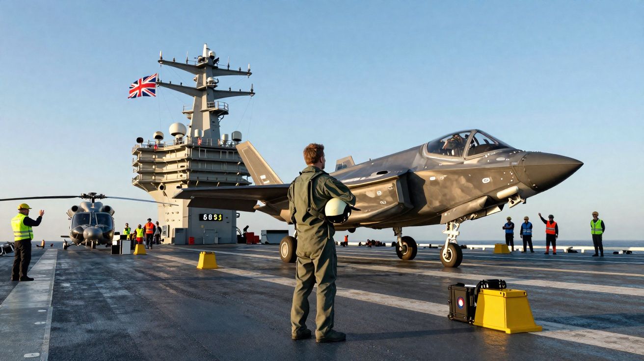 Avião militar F-35 com piloto e tripulação na pista de voo de um porta-aviões britânico ao pôr do sol.