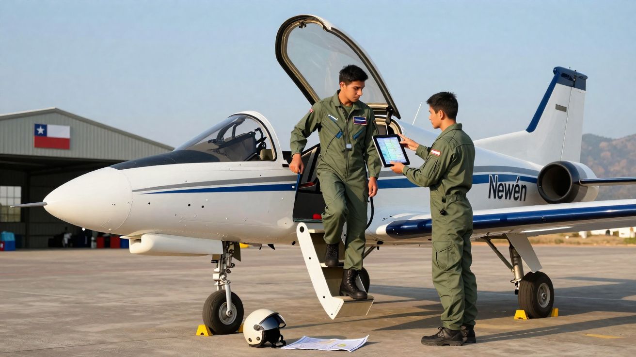 Dois jovens pilotos em macacão verde verificam documentos ao lado de avião branco em pista de aeroporto.