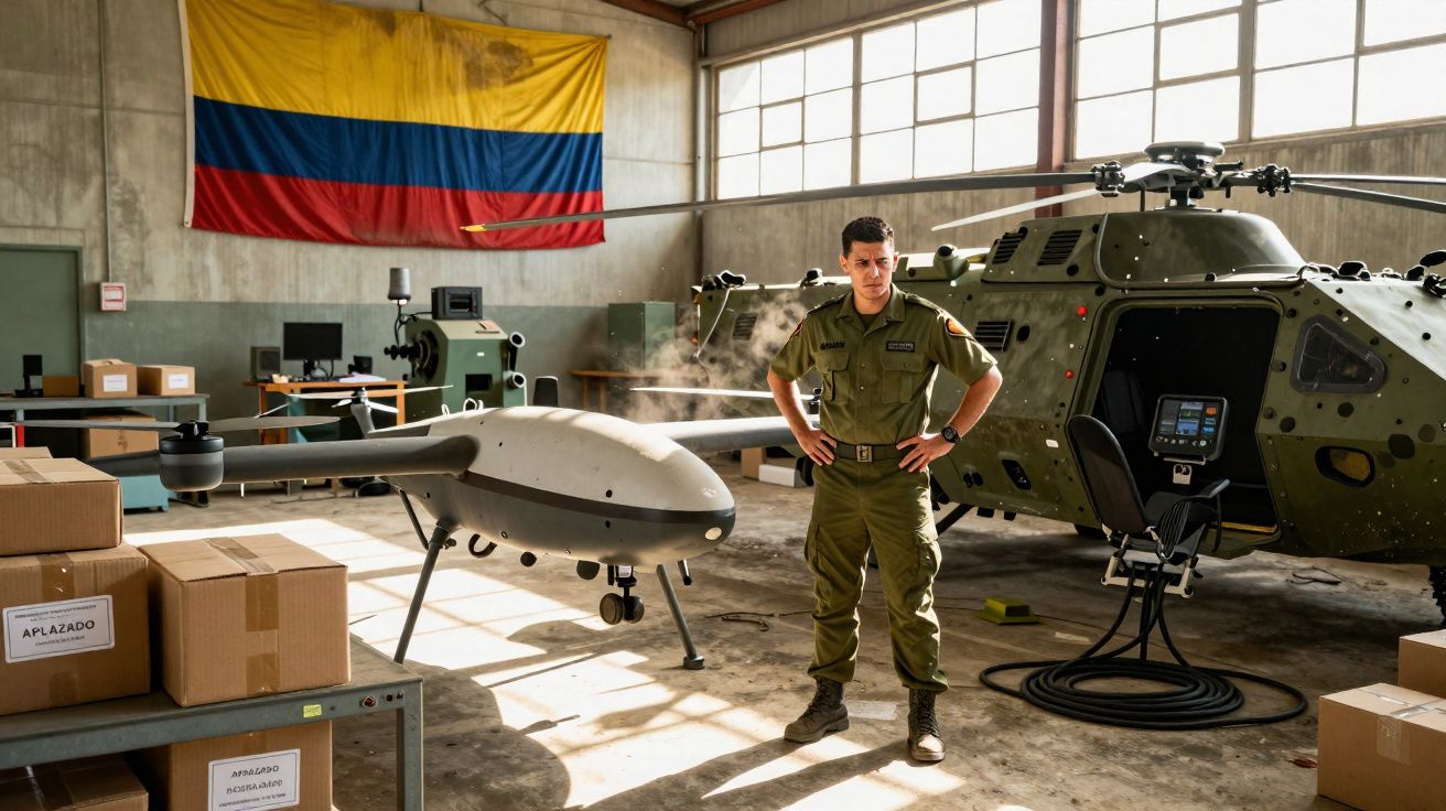 Soldado de farda verde está em hangar com drone branco e helicóptero militar ao fundo, bandeira da Colômbia na parede.