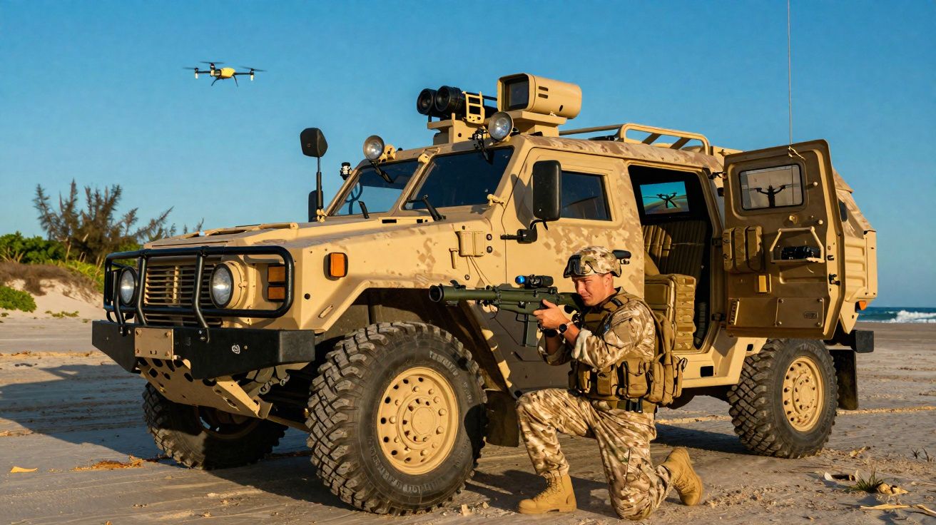 Soldado em uniforme camuflado ajoelhado com arma ao lado de veículo militar blindado em praia, drone voando ao fundo.