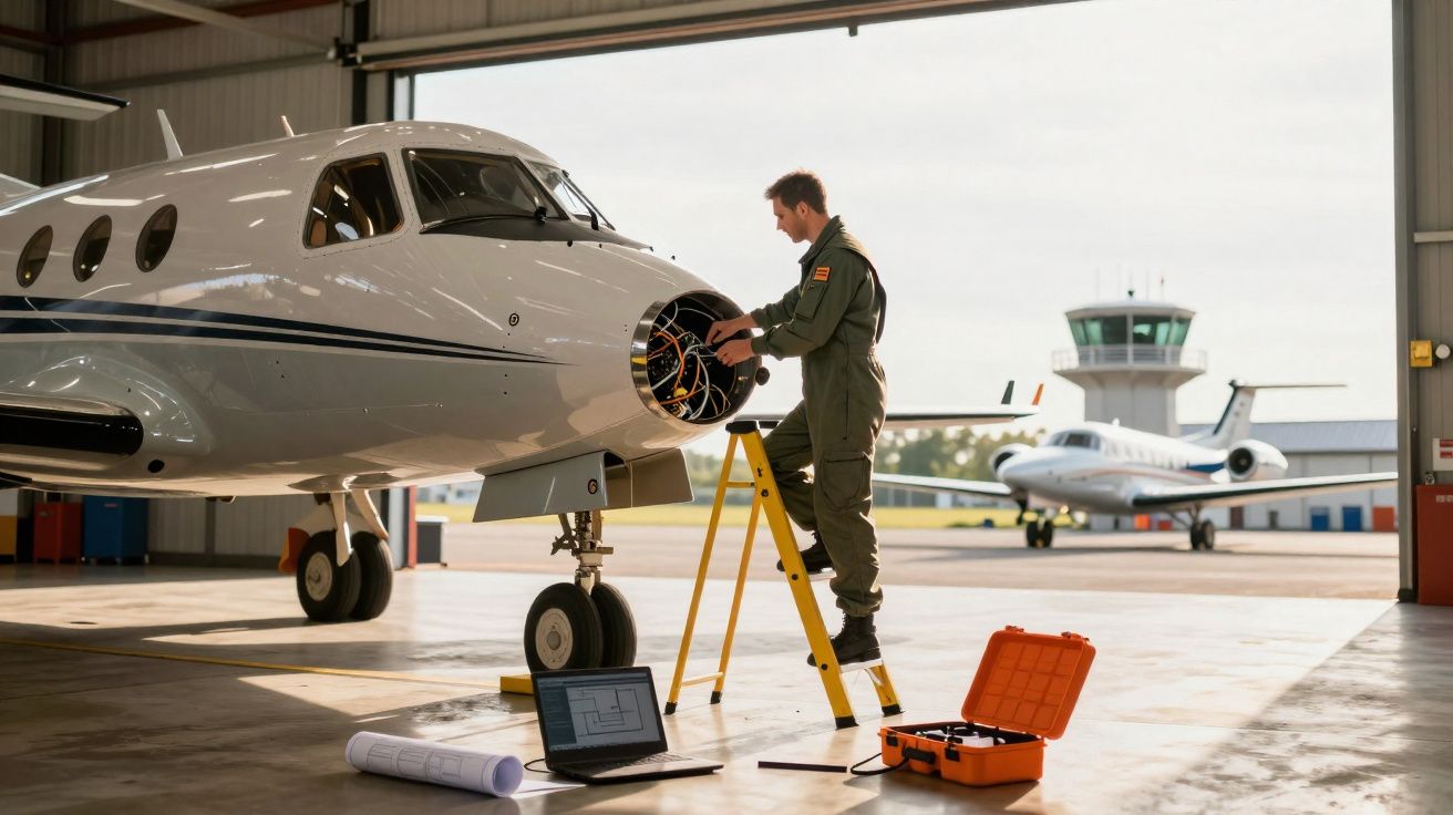 Homem em macacão verde faz manutenção em parte aberta de jato executivo dentro de hangar.