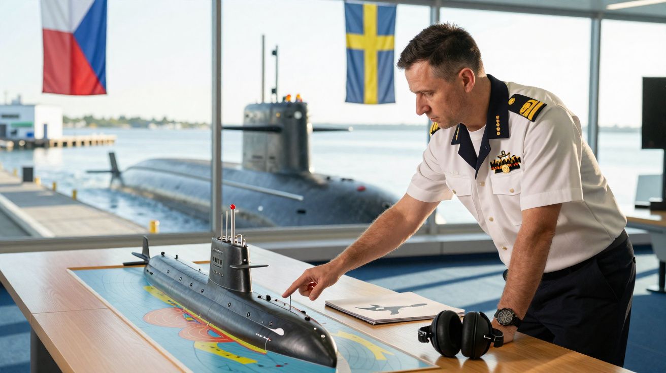Oficial da marinha aponta para miniatura de submarino sobre mesa, submarino real e bandeiras ao fundo.