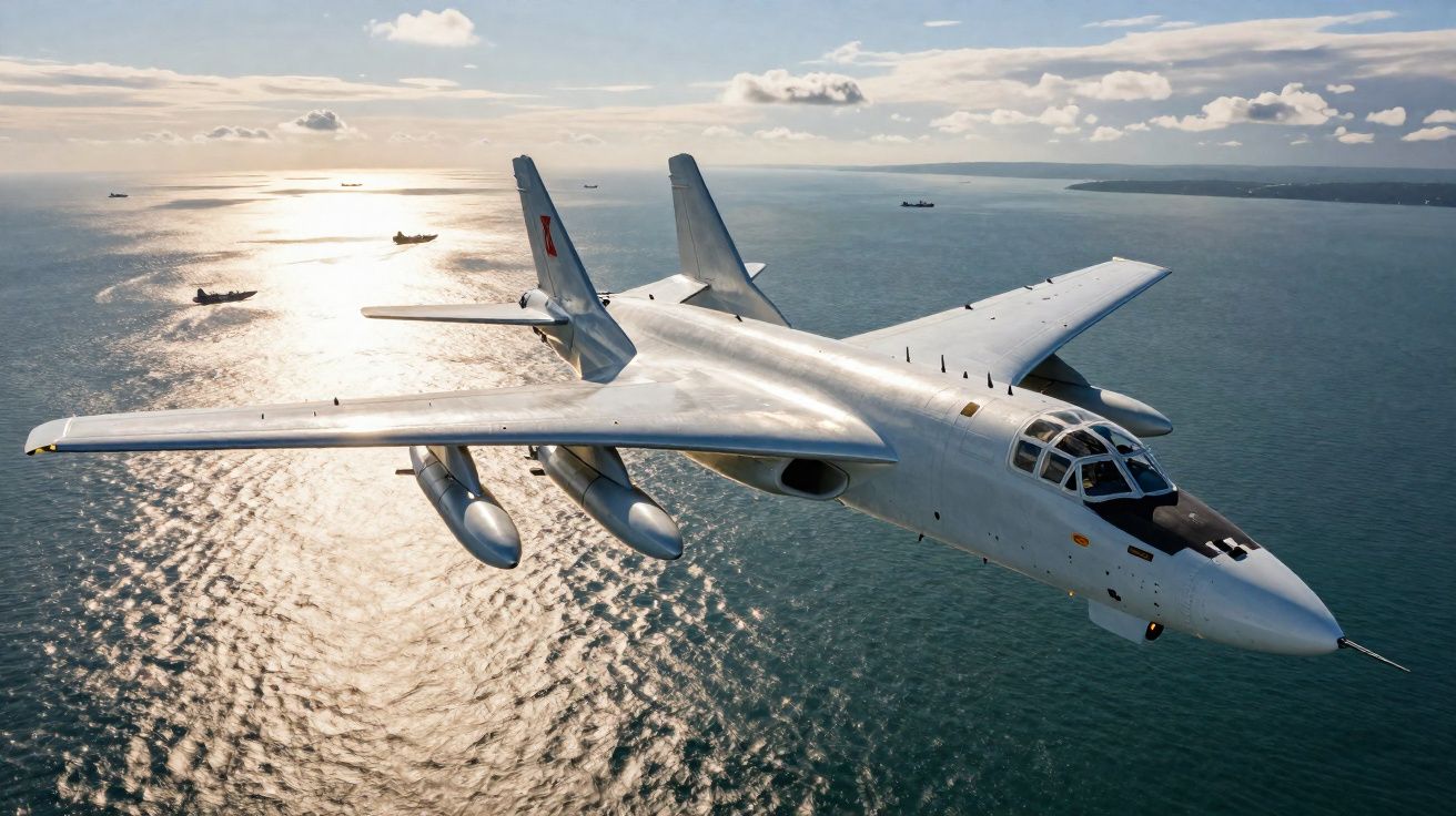 Avião militar de asa média voando sobre o mar ao pôr do sol, com navios ao fundo.