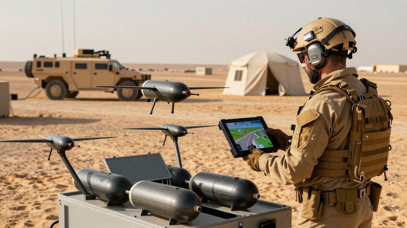 Soldado com uniforme tático controla drone em ambiente desértico com veículos e tendas ao fundo.