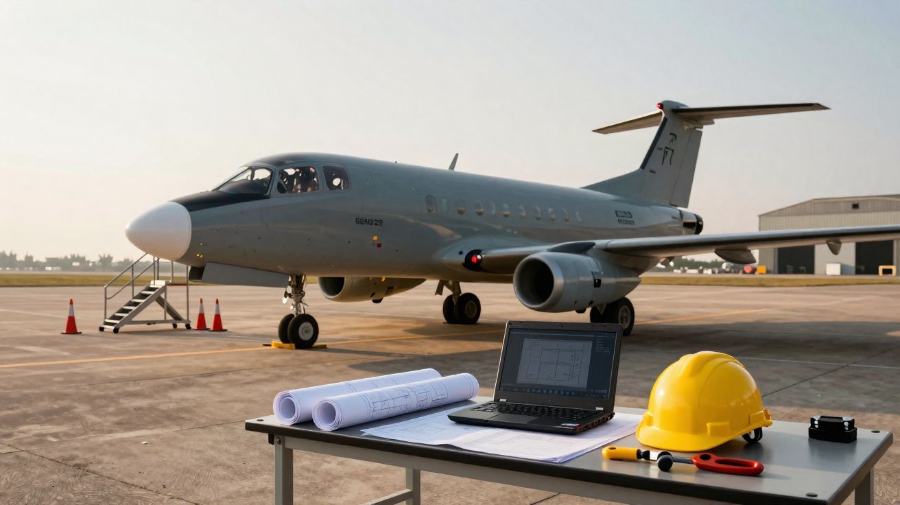 Avião estacionado na pista com mesa à frente contendo capacete, laptop, plantas e ferramentas.