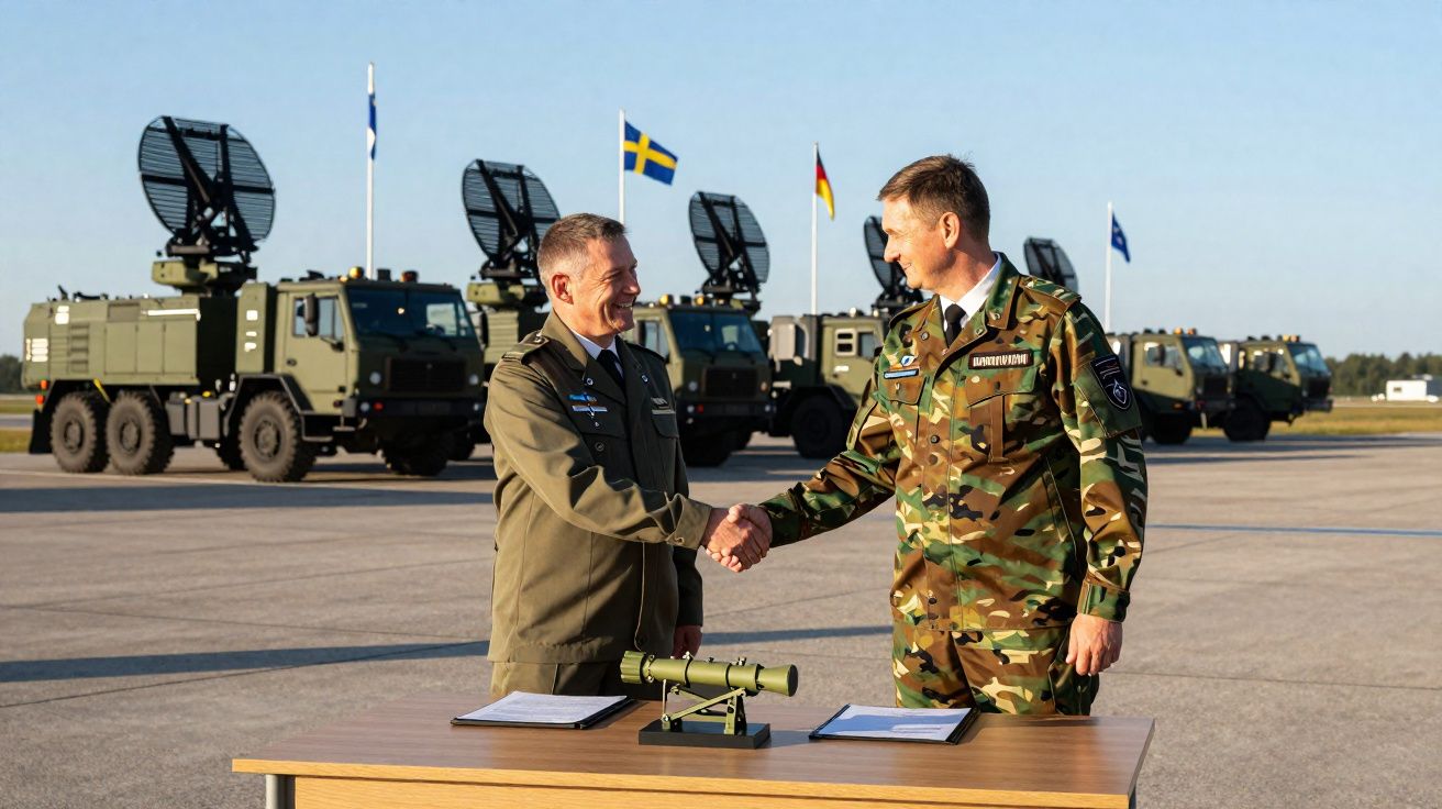 Dois militares de fardas diferentes apertam as mãos em frente a veículos militares e bandeiras nacionais.