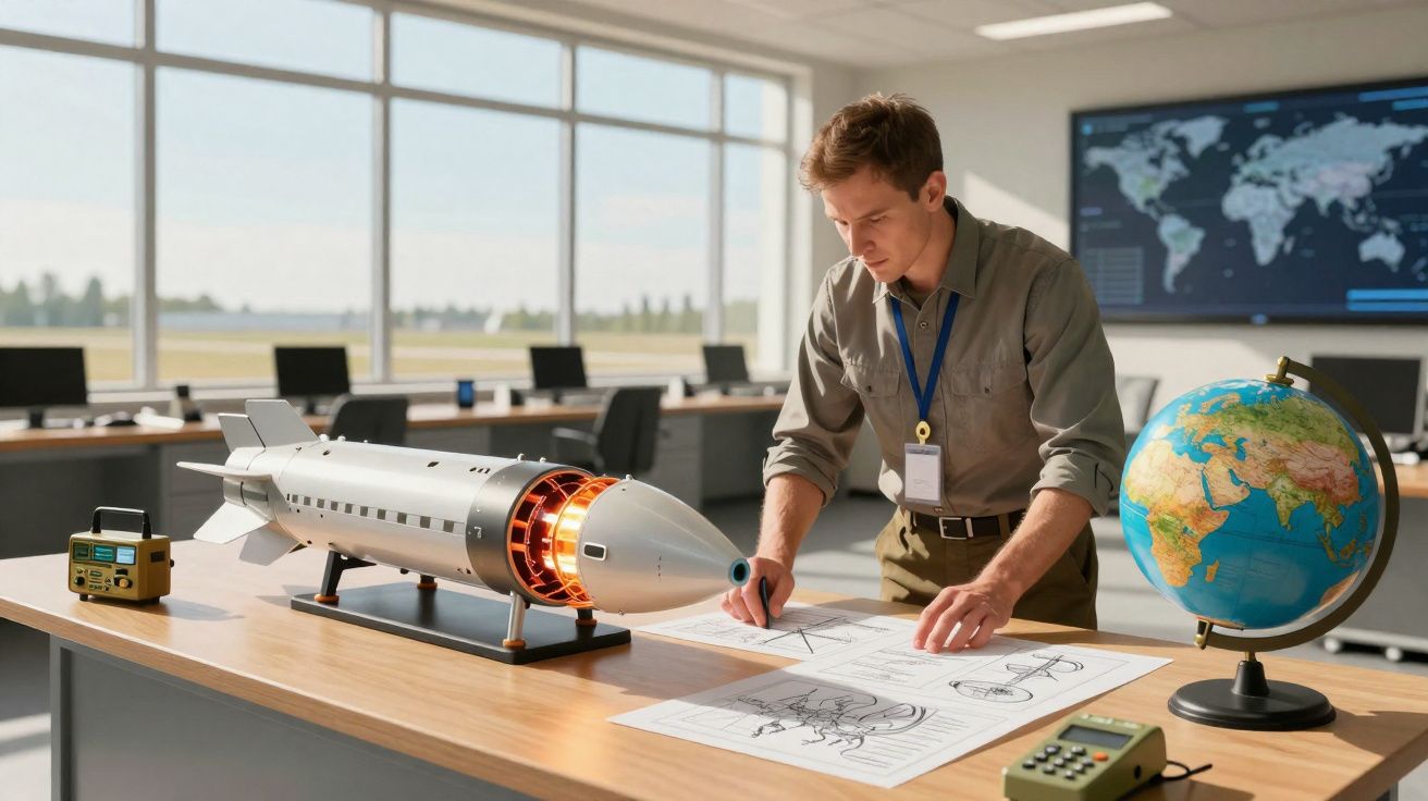 Homem jovem analisando projetos de foguete em escritório com modelo de foguete e globo terrestre na mesa.
